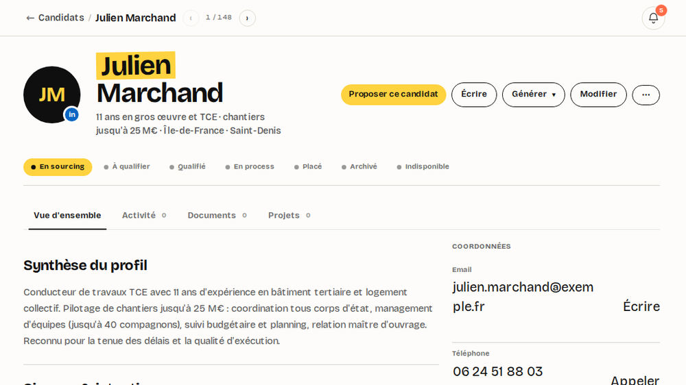 Fiche candidat détaillée dans ACALIZ