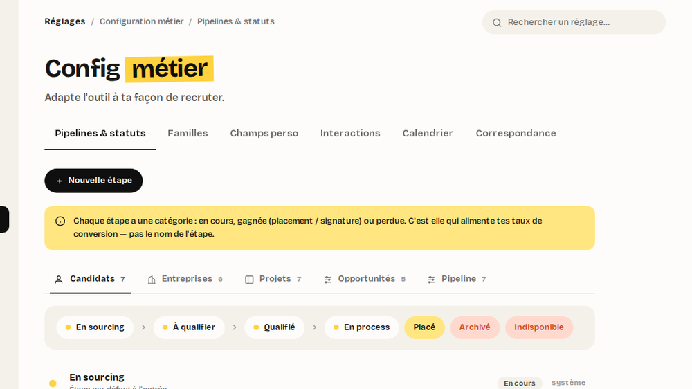 Configuration des pipelines et statuts dans ACALIZ