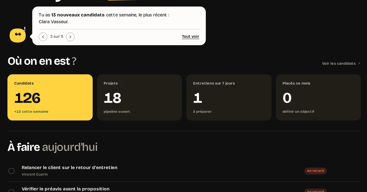 L'écran Aujourd'hui en mode sombre : la mascotte, puis où on en est, candidats, projets, entretiens de la semaine, placés du mois